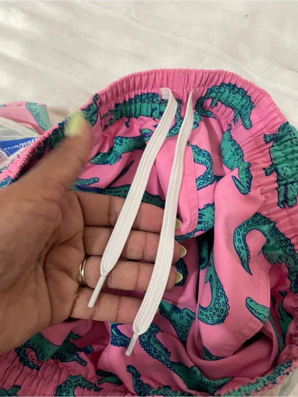 chubbies Pink Swim Trunks with Teal Alligator Print